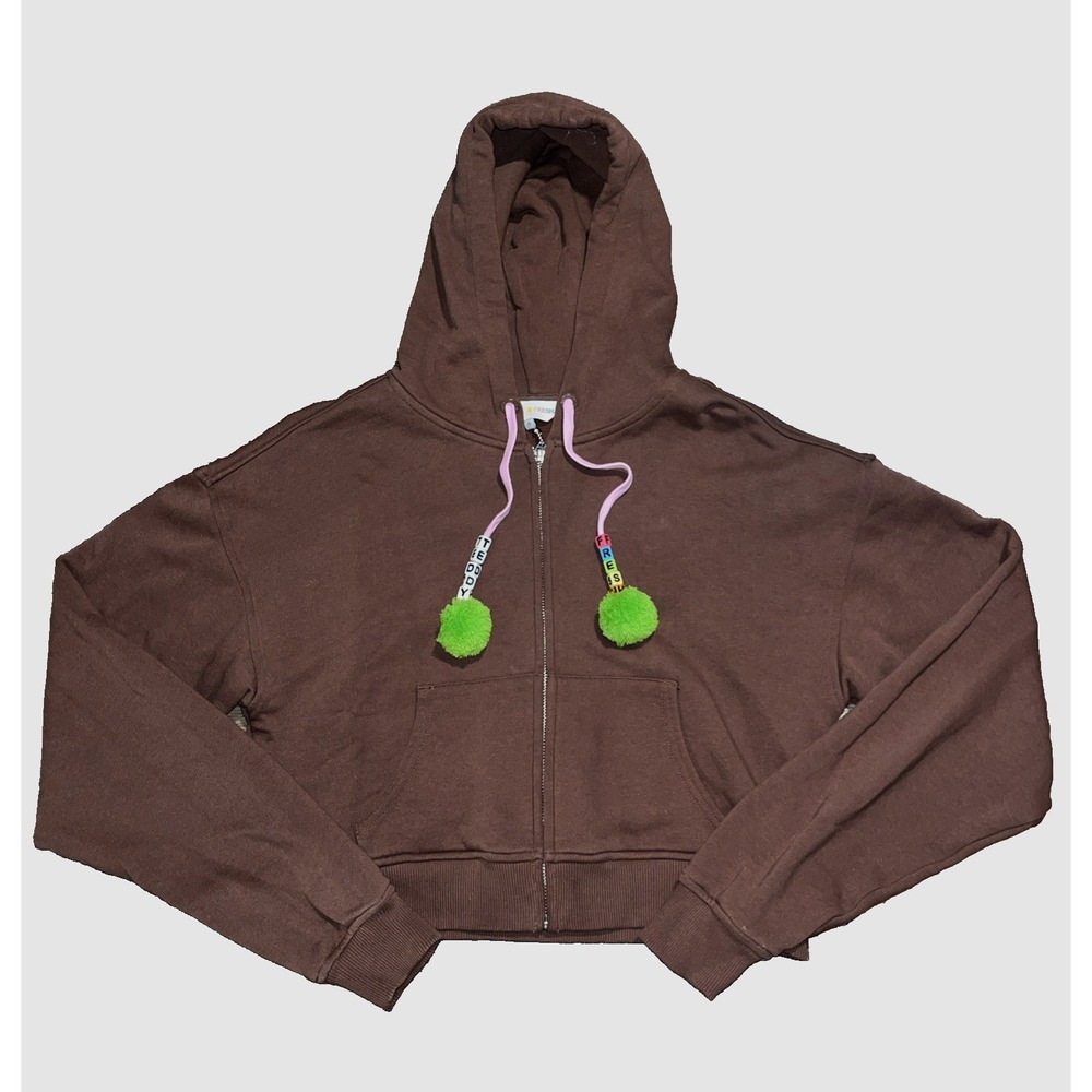 Teddy Fresh Brown Crop Hoodie Size S Pom Poms 100%‎ Heavyweight Cotton